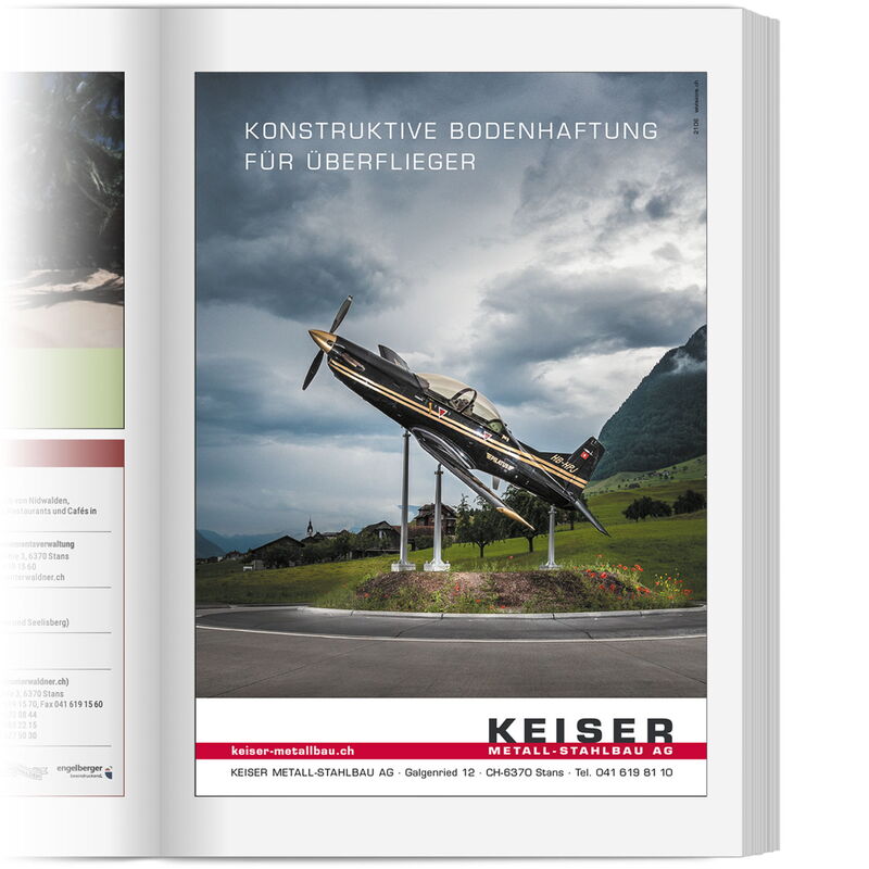 Inserategestaltung: Illustration von Zeitschriftenseite mit Inserat von schwarzem Jet