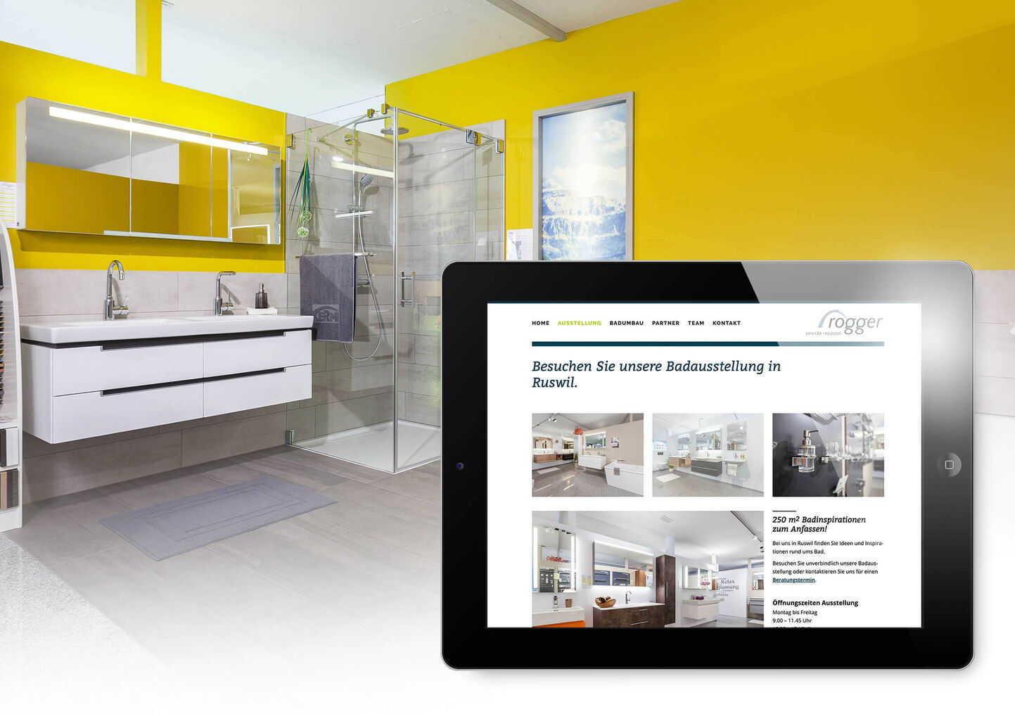 Bild von Badumbau und Tablet mit Badausstellungs-Website