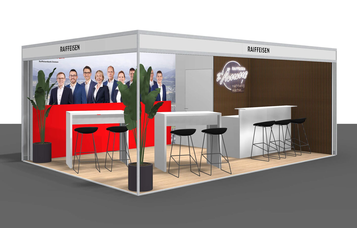 3-D-Modell eines Messestandes mit Gruppenfoto im Hintergrund, Barhockern und Tischen mit Neobeleuchtung