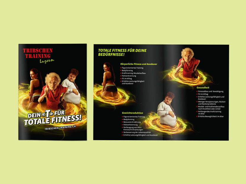 Flyergestaltung: Illustration eines doppelseitigen Flyers auf grünem Hintergrund