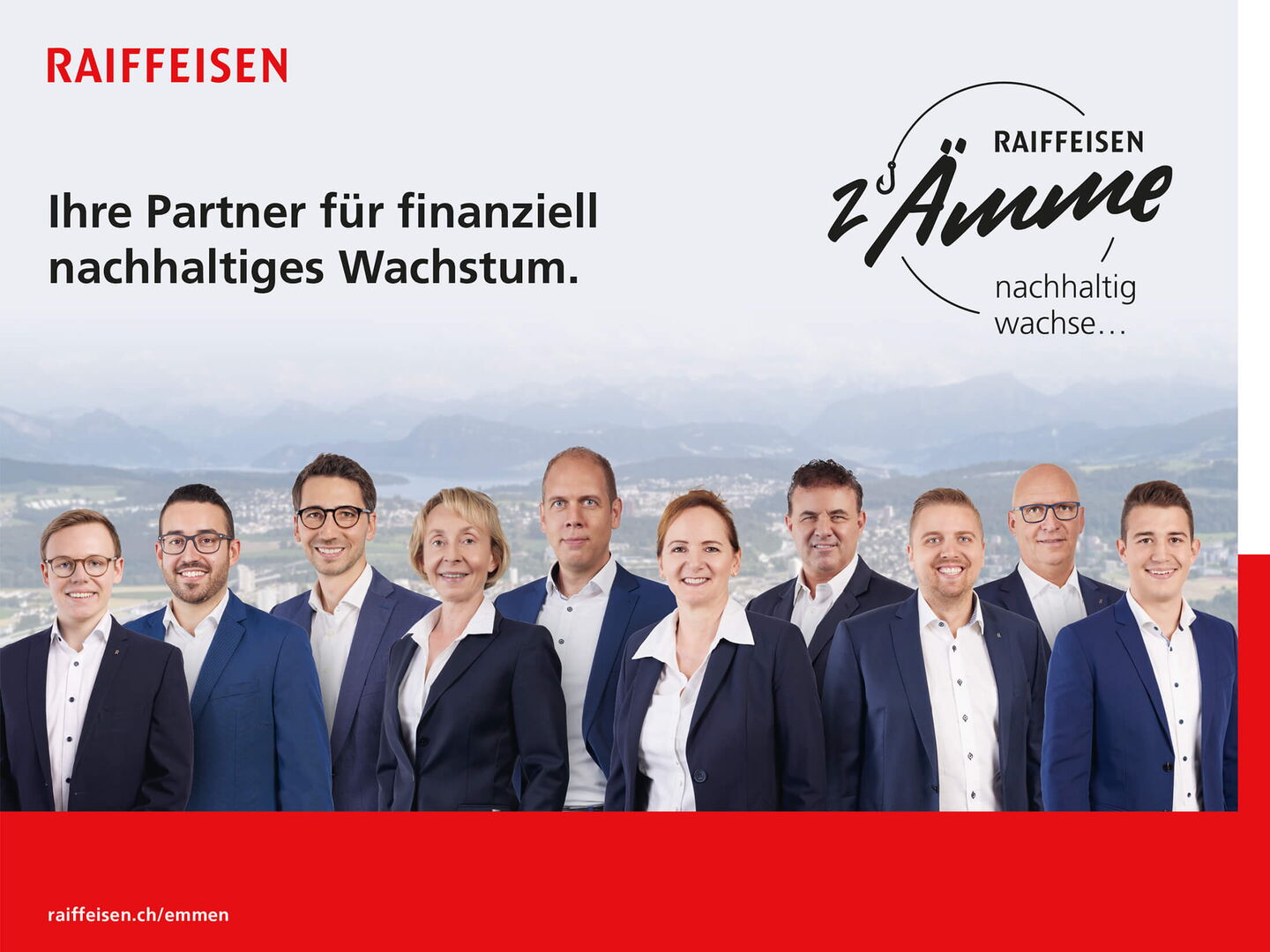 Grafikdesign eines Inserats mit Gruppenbild von Frauen und Männern mit roter Gestaltungsform