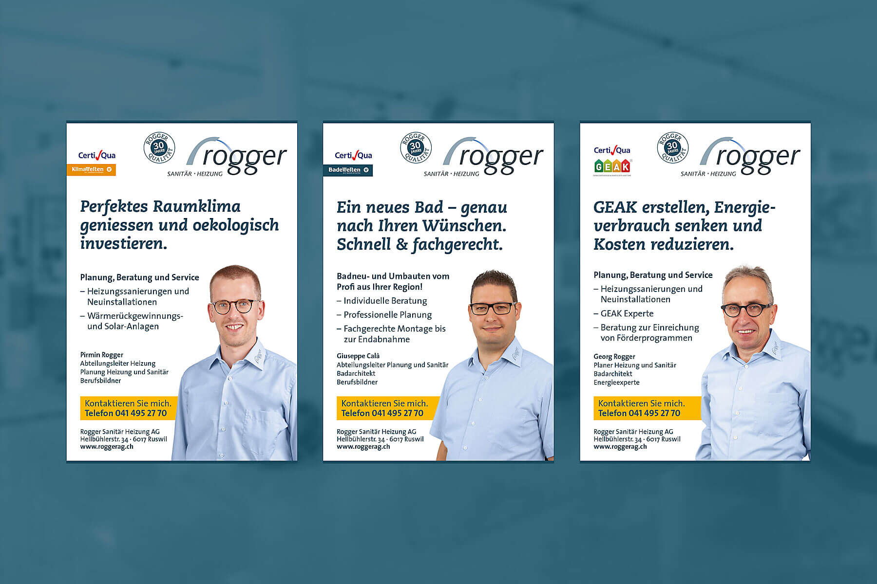 Inserategestaltung: Illustration von Firmeninseraten mit Mitarbeiterfotografien