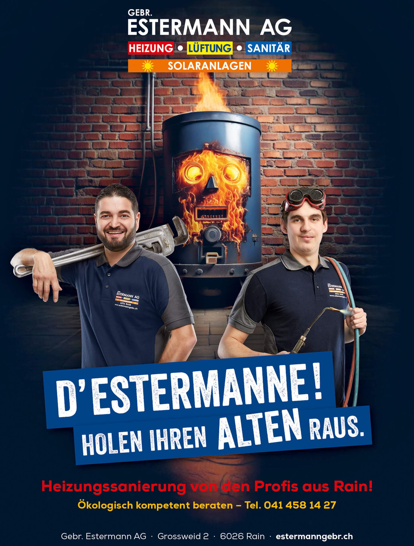 Grafiker Luzern - Inserategestaltung mit KI-Artwork und Mitarbeiter Heizungsfirma