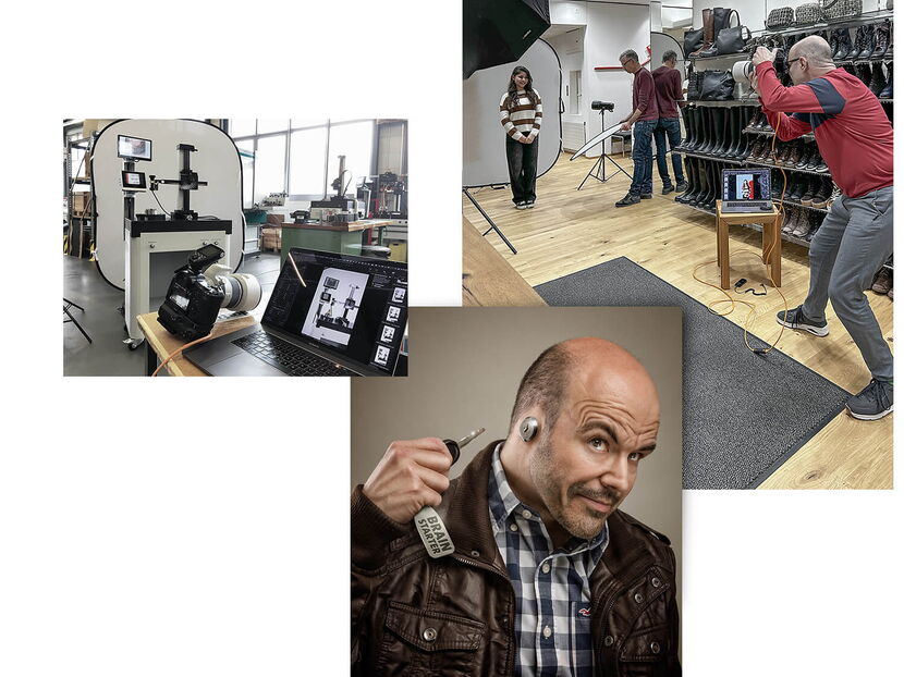 Bildcollage aus zwei SW-Bildern von Patrick Wicki beim Fotografieren und ein Portrait und Stempelgrafik