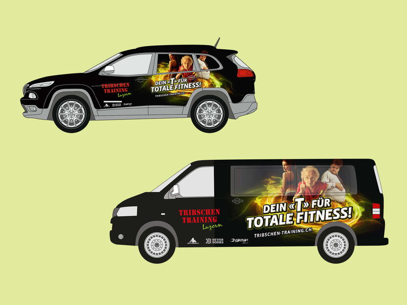 Corporate Design - Illustration von zwei Fahrzeugseitenansichten mit schwarzbuntem Design